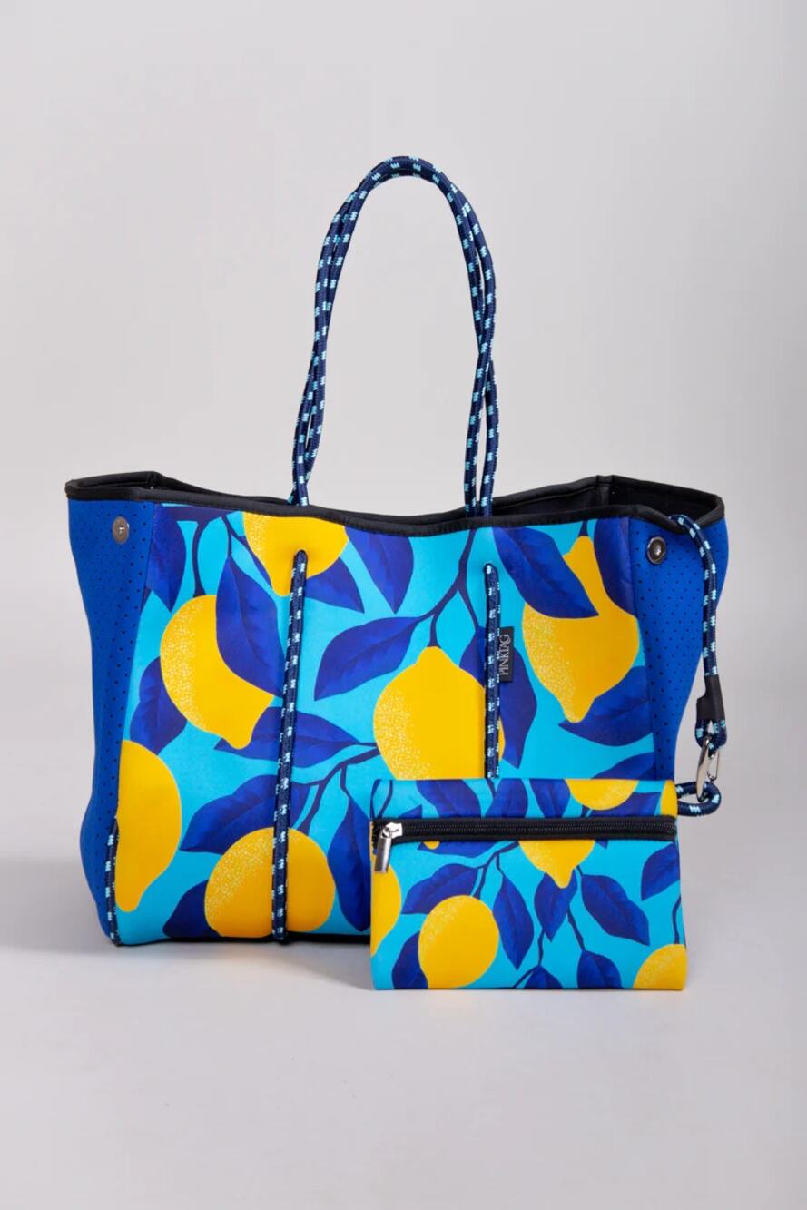 Blue & Yellow Lemon Print Neoprene Tote with Pouch